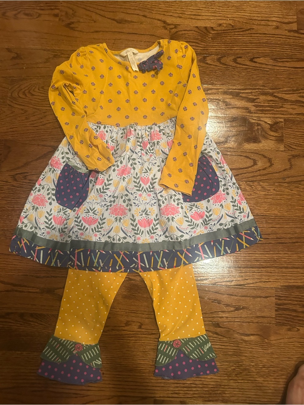 Matilda Jane Mustard Top with Floral Skirt and Navy Polka Dot Pockets